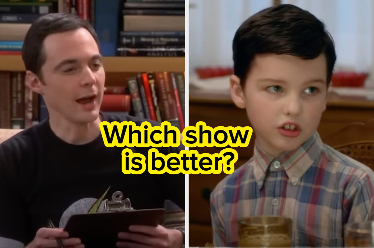 Two side-by-side TV show scenes. Adult man holds a clipboard; young boy wears plaid shirt. Text asks, "Which show is better?"