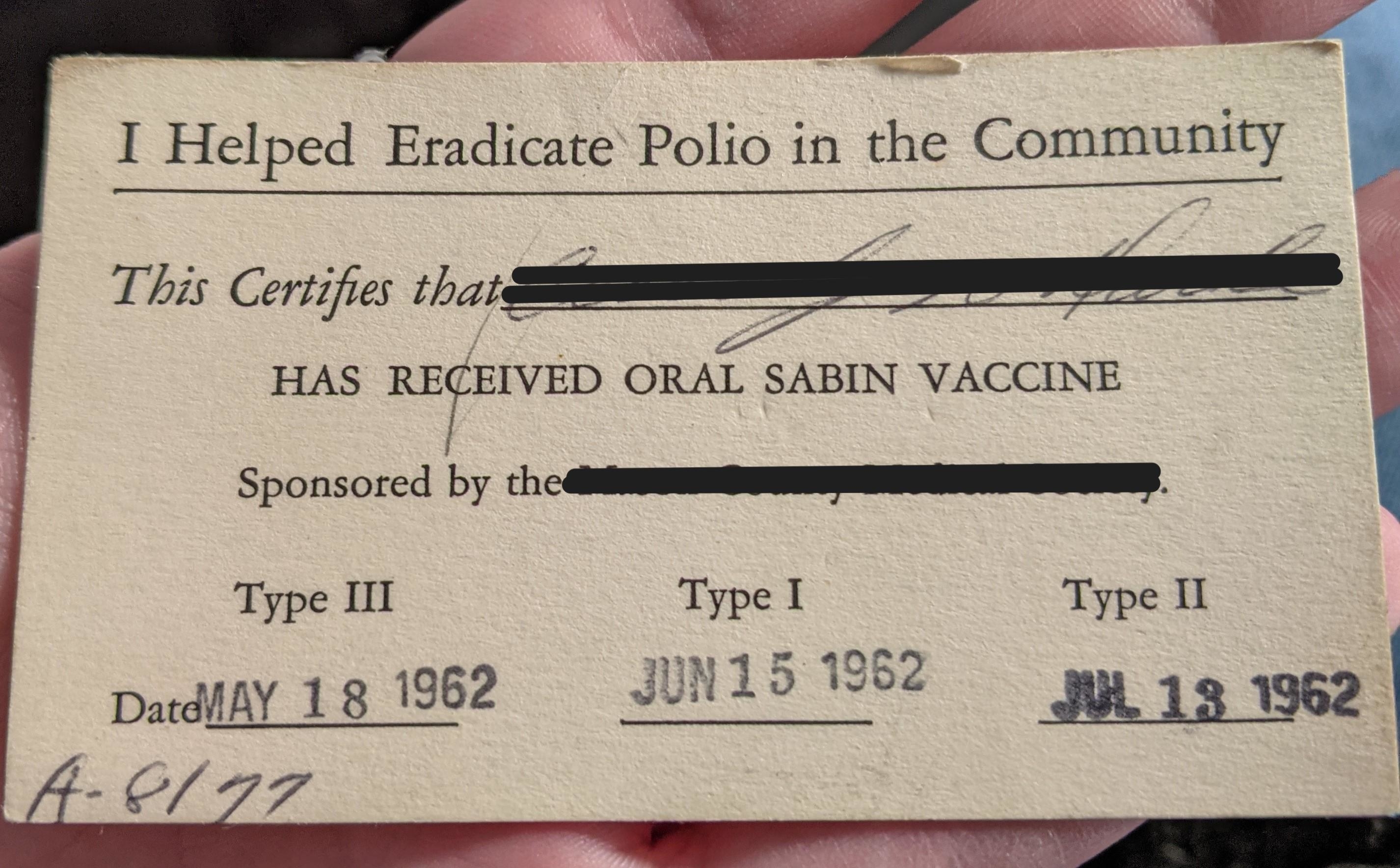 Certificate showing polio vaccination with Sabin oral vaccine on May 18, June 15, and July 13, 1962