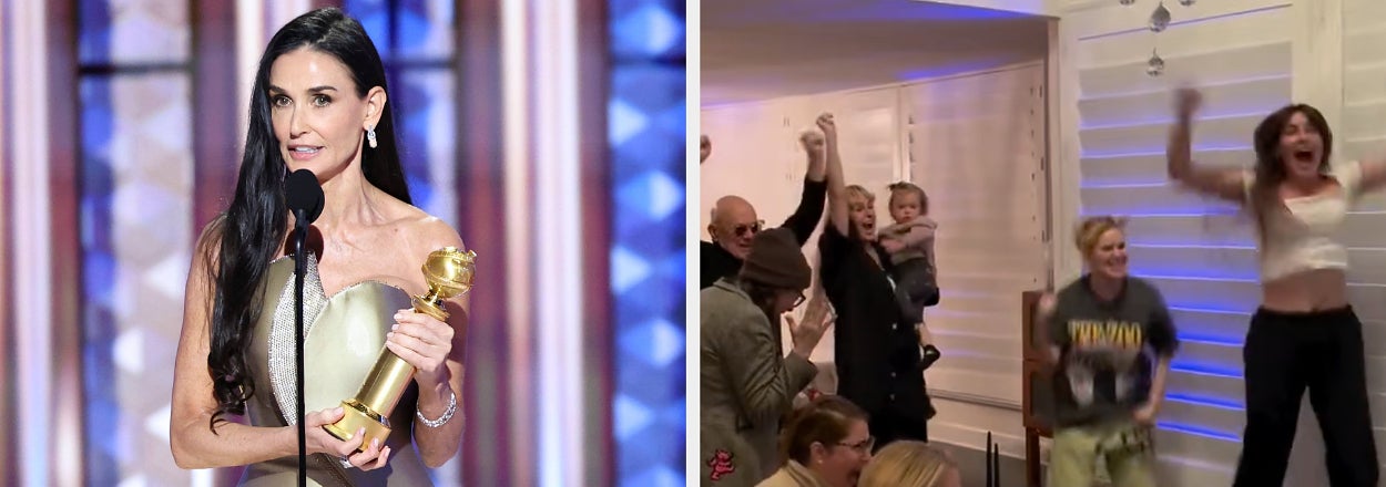 Demi Moore standing on a stage with her Golden Globe vs. her daughters jumping and screaming in a living room
