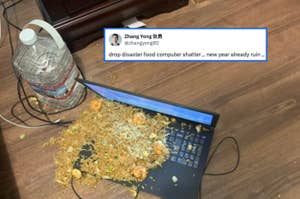 Spilled fried rice covering a laptop keyboard on a wooden floor, next to a large water jug. A tweet above reads: "drop disaster food computer shatter."