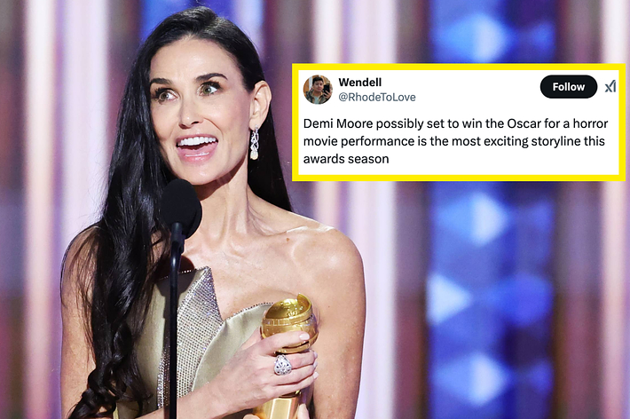 Demi Moore on stage holding a trophy, wearing an elegant strapless dress. A tweet discusses her potential Oscar win for a horror movie performance