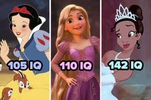Ilustraciones de personajes animados con números de IQ: 105, 110 y 142