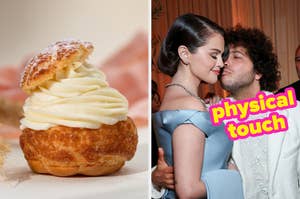 A cream puff on the left; a couple embracing on the right. Text reads "physical touch" over the embrace