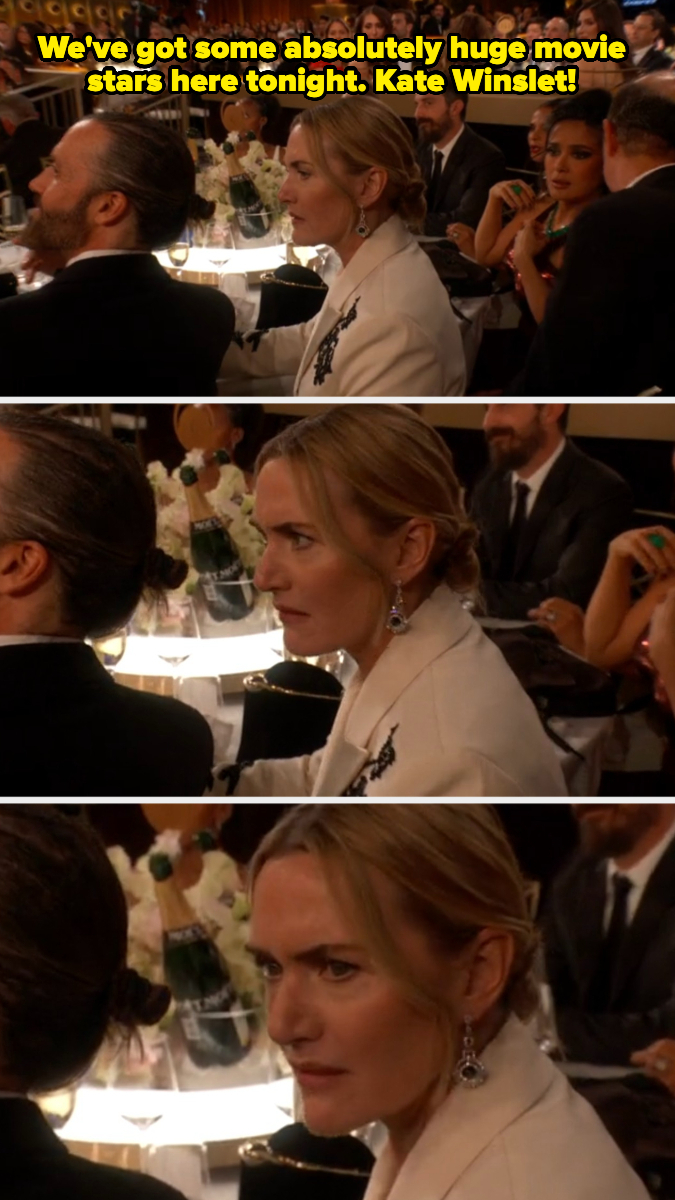 Three images show a woman in formal attire making confused or skeptical facial expressions while sitting at a dining table during an event