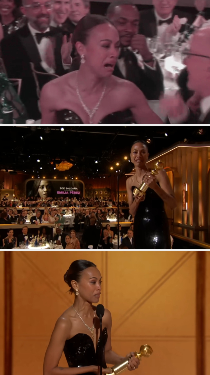 Three images of a woman in a strapless, shimmering black dress, holding a trophy, and giving an acceptance speech at an award ceremony