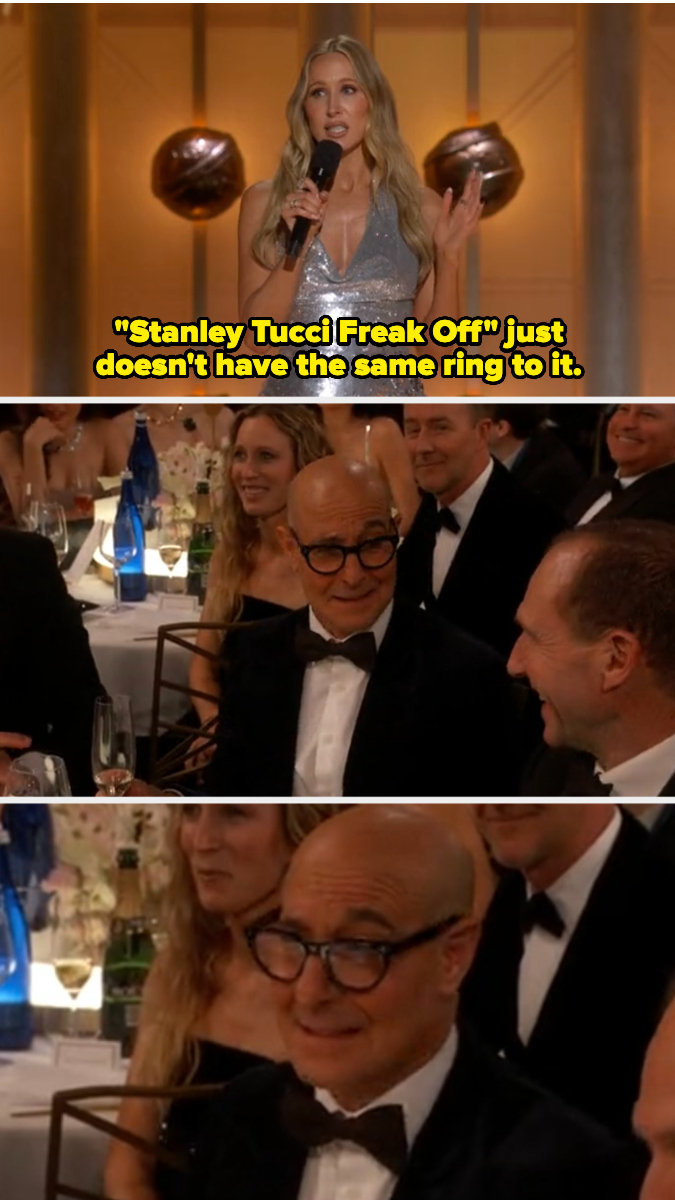 A woman on stage speaks into a microphone. Stanley Tucci, in a tuxedo, sits at a table with other guests, smiling. Text: &quot;Stanley Tucci Freak Off&quot;