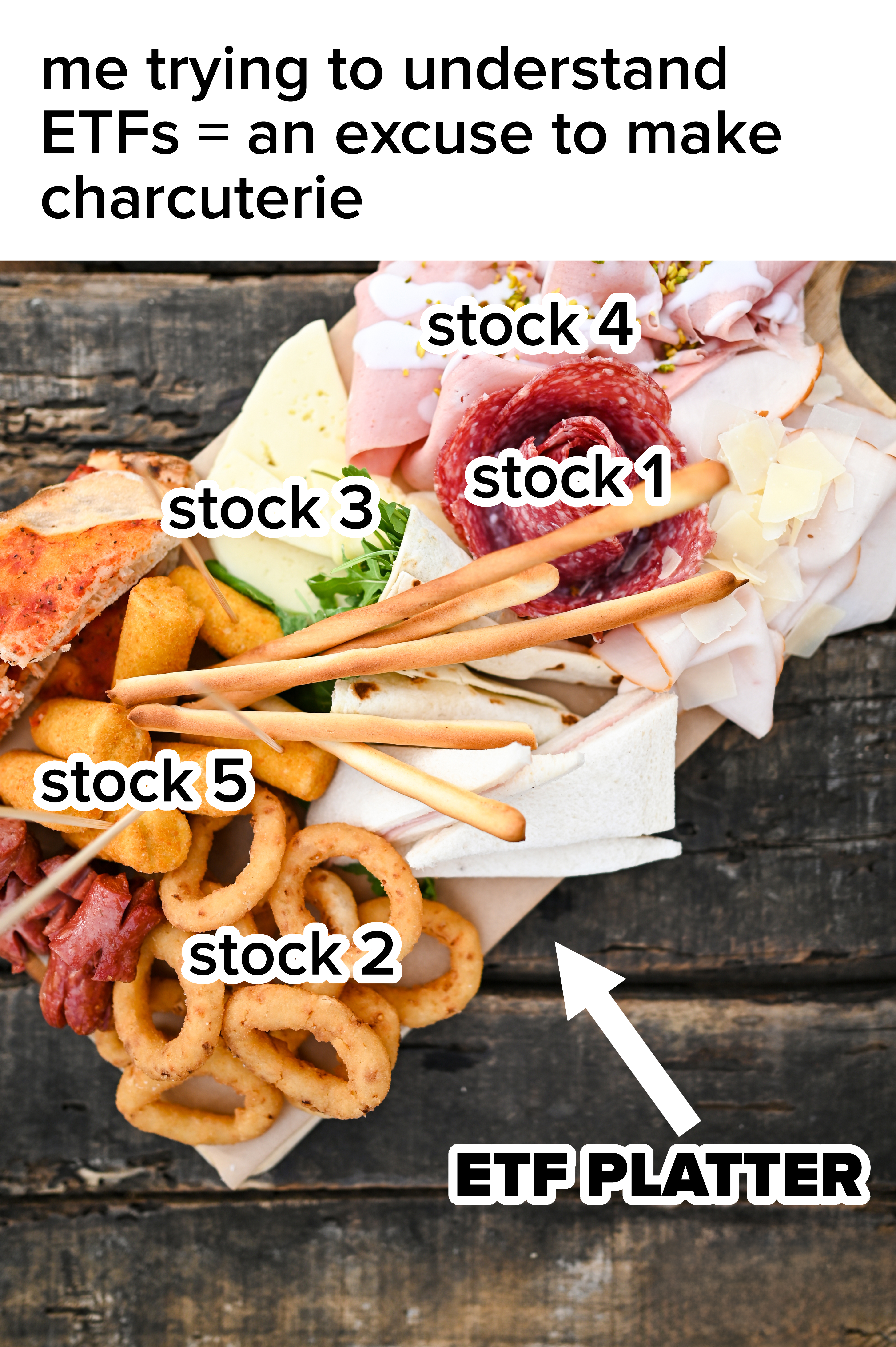 An arrangement of assorted meats, cheeses, breads, and fried snacks on a wooden board, presented on a rustic wooden surface