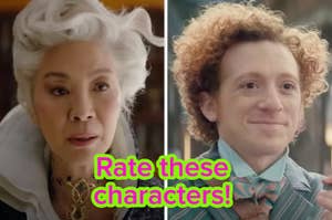 Two characters, one with white hair and elegant clothing, and the other with curly hair and a patterned bowtie. Text: "Rate these characters!"