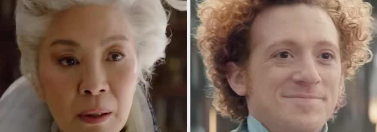 Split image: Left shows a character with styled white hair and ornate jewelry; right shows a character with curly hair and a patterned bow tie. Text: "Rate these characters!"