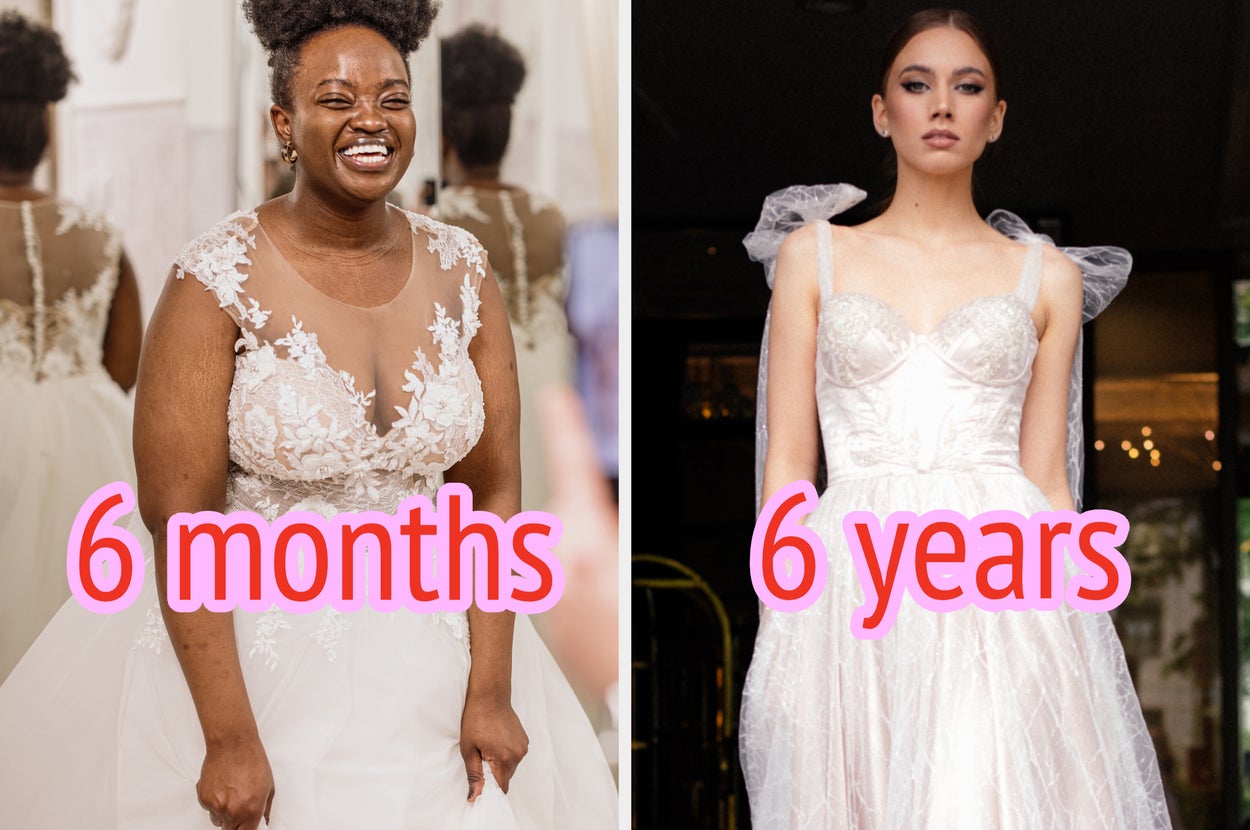 Left: Smiling person in an intricate floral lace wedding dress labeled "6 months." Right: Person in a classic satin gown labeled "6 years."