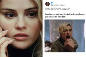 Close-up of a pensive woman on a phone and a meme tweet joking about reactions to an award win, featuring an excited person with short blonde hair