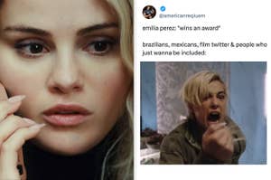 Close-up of a pensive woman on a phone and a meme tweet joking about reactions to an award win, featuring an excited person with short blonde hair