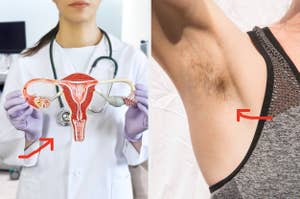 Doctor holding a uterus model, and a close-up of an armpit with hair. Red arrows point to both subjects