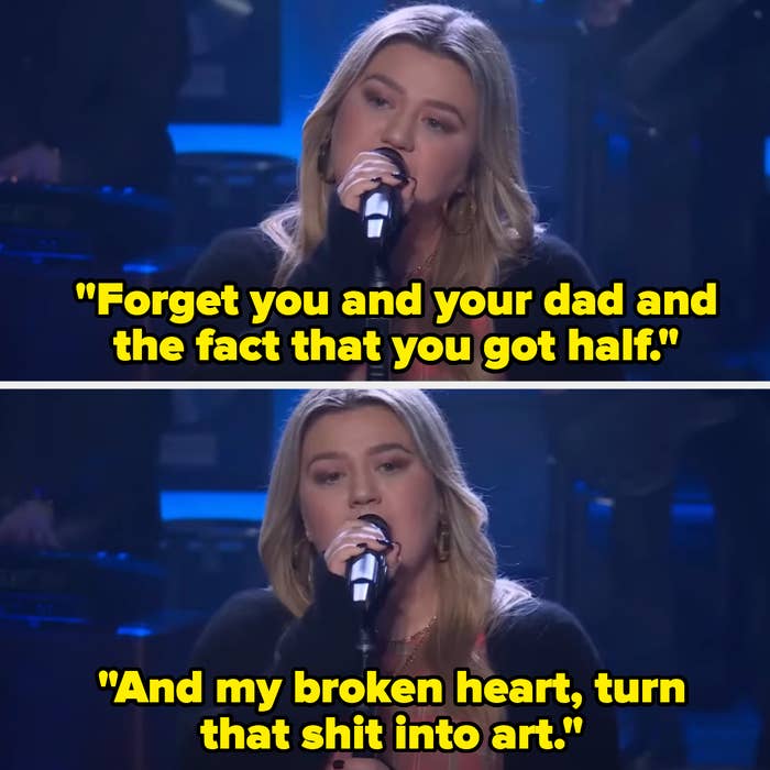 Singer performing on stage with text overlay: &quot;Forget you and your dad and the fact that you got half.&quot; &quot;And my broken heart, turn that shit into art.&quot;