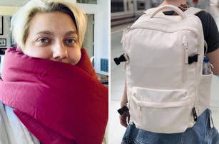 Left-side: A reviewer using a super comfy neck pillow. Right-side: A travel backpack