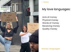Two people holding signs with playful messages about money. On the right, a list humorously reinterprets love languages as types of money