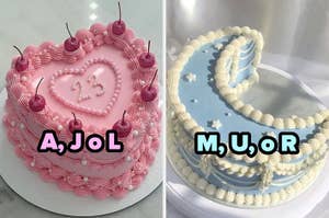 Dos pasteles decorados. A la izquierda, un pastel en forma de corazón con cerezas y el número "23". A la derecha, un pastel de media luna