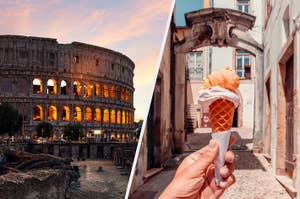 Split image: Colosseum lit at dusk on the left; hand holding ice cream cone in quaint alley on the right