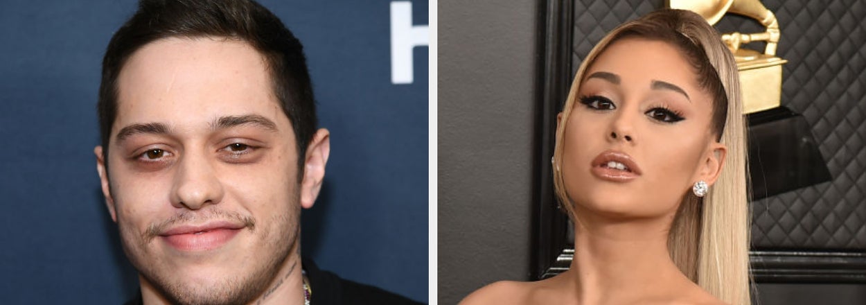 Split image of Pete Davidson and Ariana Grande. Pete's quote reads, "My career would be over tomorrow if I spray-painted myself brown and hopped on the cover of Vogue magazine and just started sh*tting on my ex."