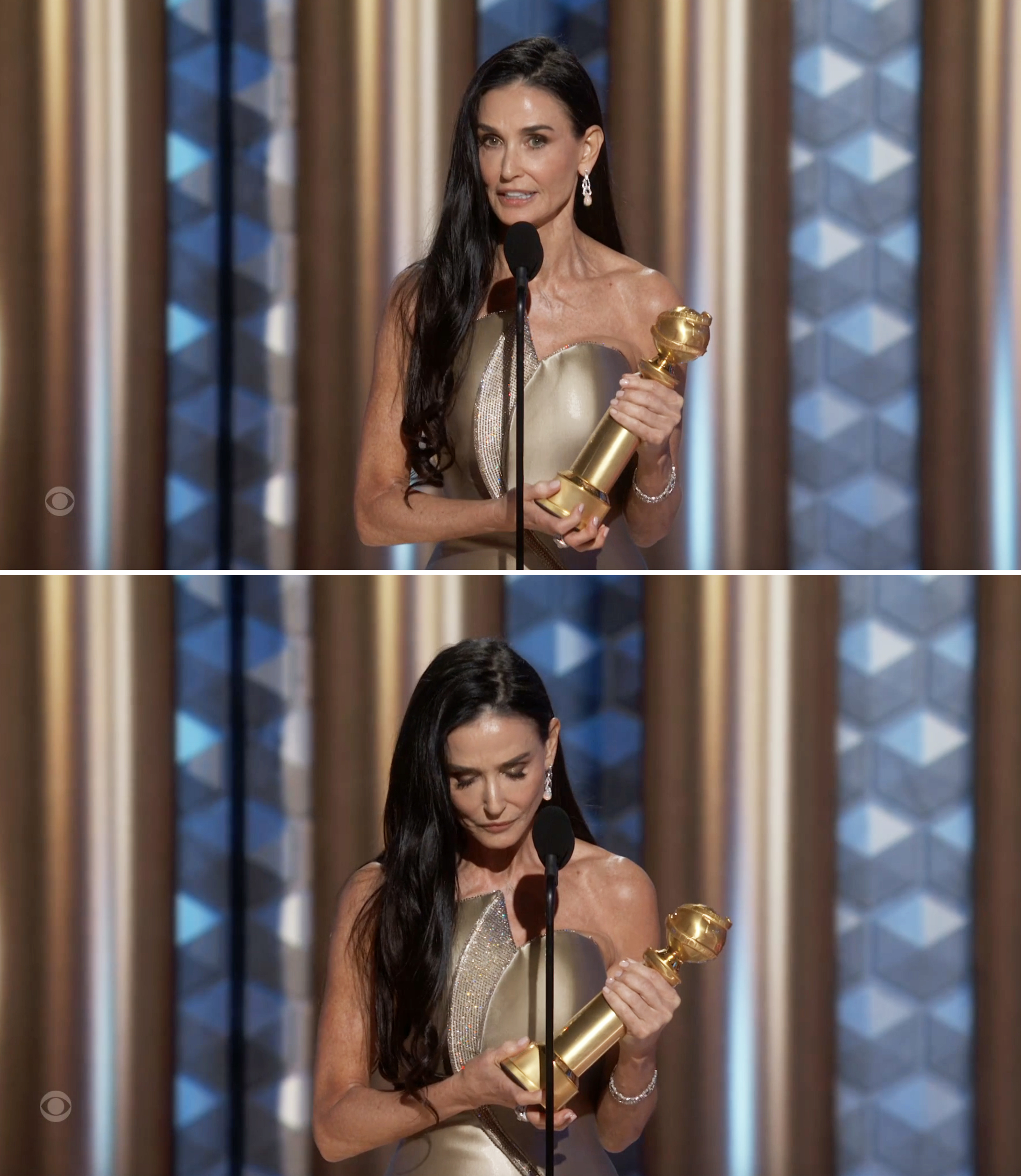 Demi in elegant gown holding a trophy  speaking into a microphone