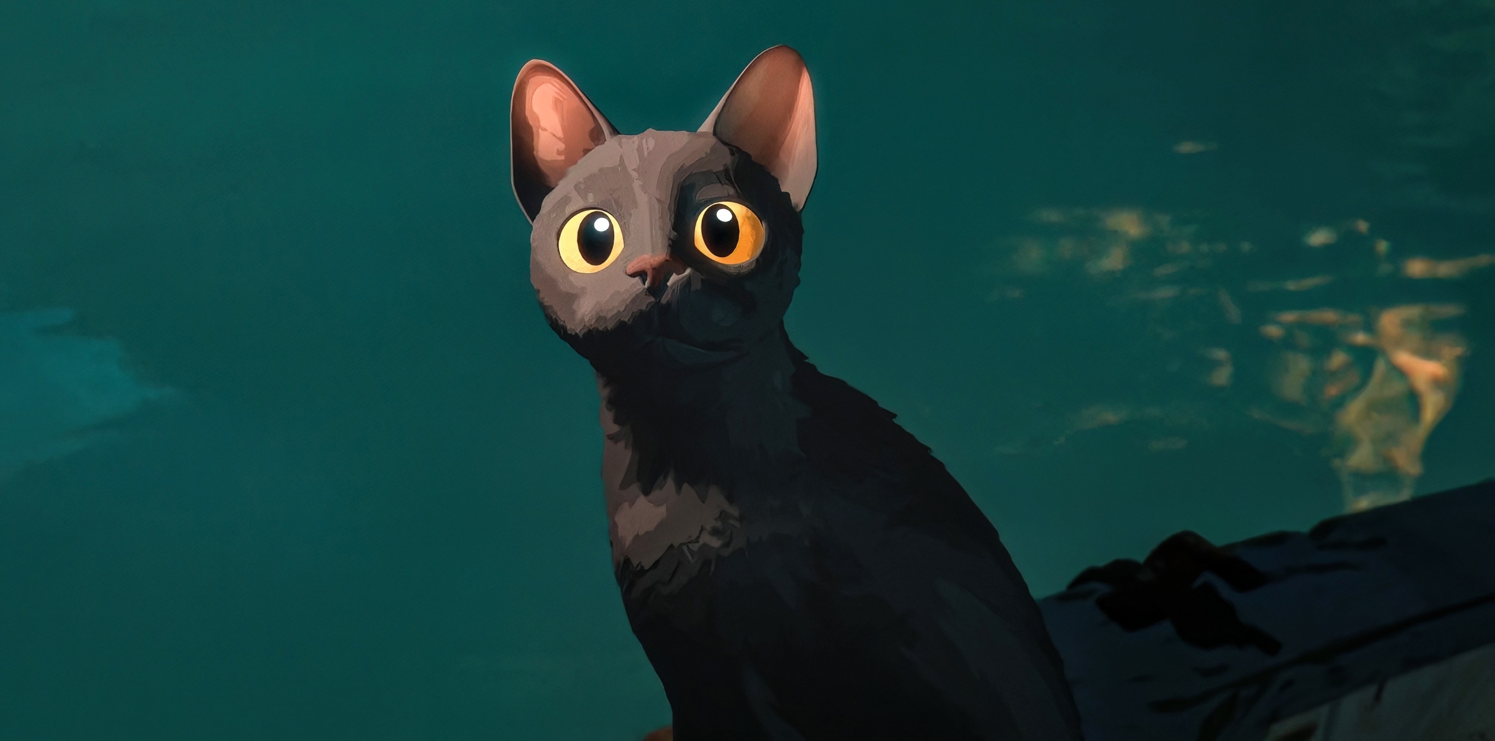 Animated black cat with wide eyes sits against a water background