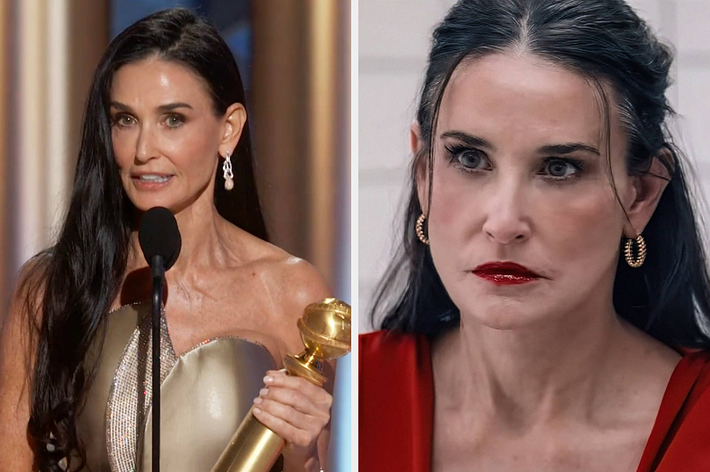 Demi Moore in elegant strapless gown holding an award on stage; Demi in "The Substance"