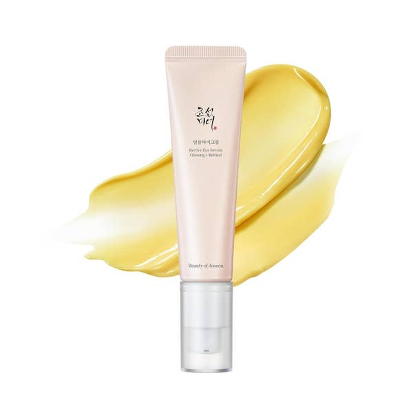 Beauty of Joseon Revive Eye Serum tube with cream swatch background, featured in shopping article