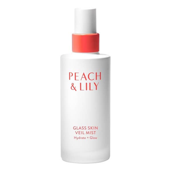 Peach & Lily Glass Skin Veil Mist bottle with text "Hydrate + Glow" on a white background
