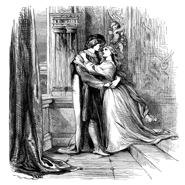 An illustration of a couple in historical attire embracing in an ornate room with columns