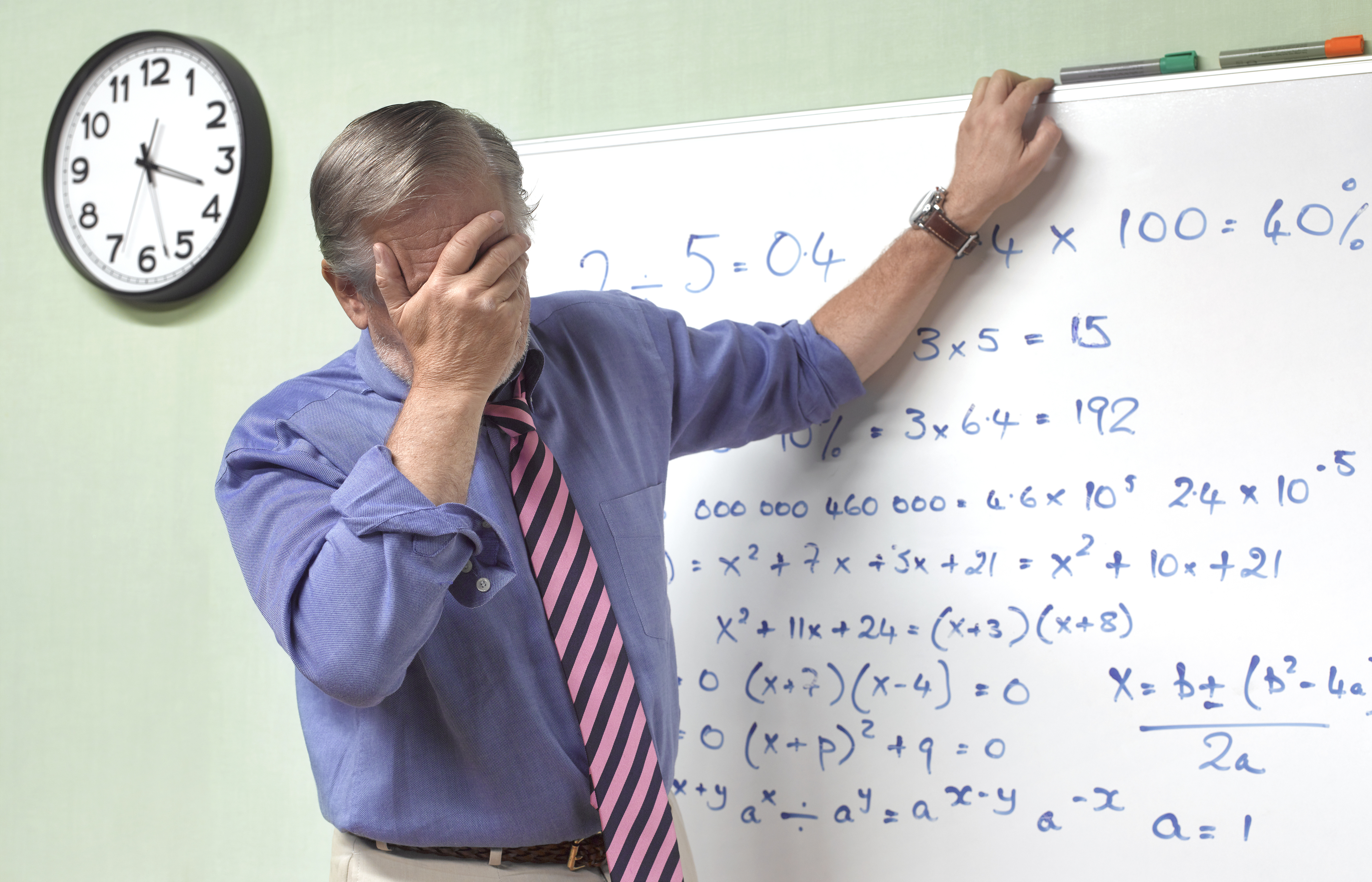 Person in a striped tie stands in front of a whiteboard filled with complex math equations, covering face with one hand. Clock is on the wall nearby