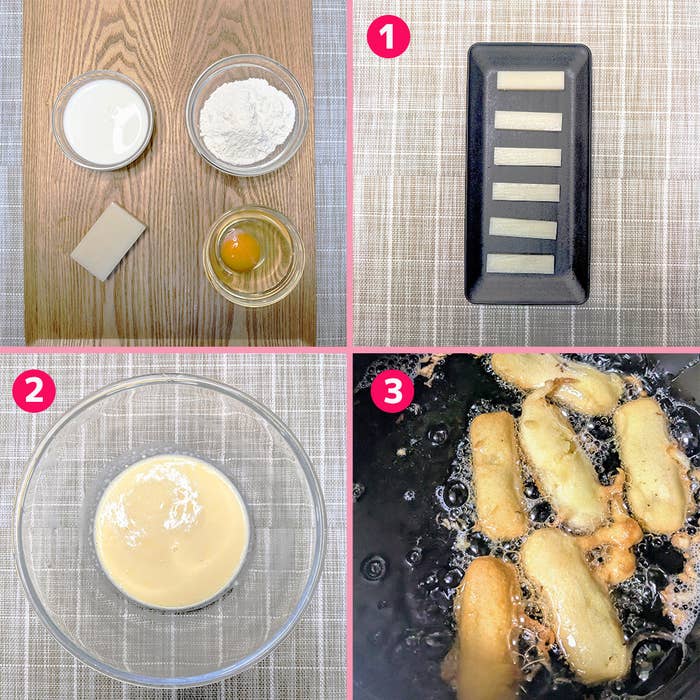卵、牛乳、小麦粉の用意、衣の作成、揚げ物の工程を示す3つのステップの写真。