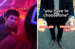 Intense scene from "Squid Game" on left; on right, hands hold snacks labeled "meat pie" and "sausage roll" with text "you have to choose one."