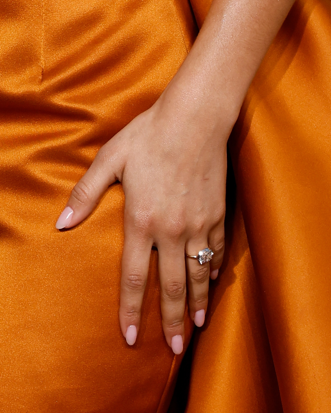 Close-up of a Zendaya&#x27;s hand with an elegant diamond ring