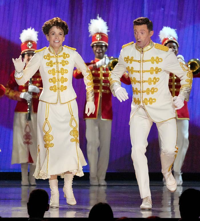 Hugh Jackman and Sutton Foster performing a number from "The Music Man" onstage