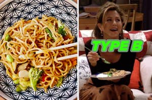 Plate of stir-fried noodles with vegetables, next to a person smiling while eating noodles. Green text reads "TYPE B."