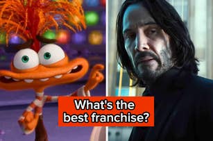 Animated character with wild fur stands next to a serious-looking man in a suit. Text reads: "What's the best franchise?"