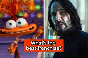 Animated character with wild fur stands next to a serious-looking man in a suit. Text reads: "What's the best franchise?"