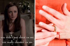 Split image: Left shows a scene with a woman from a TV show expressing betrayal. Right shows a hand removing a wedding ring