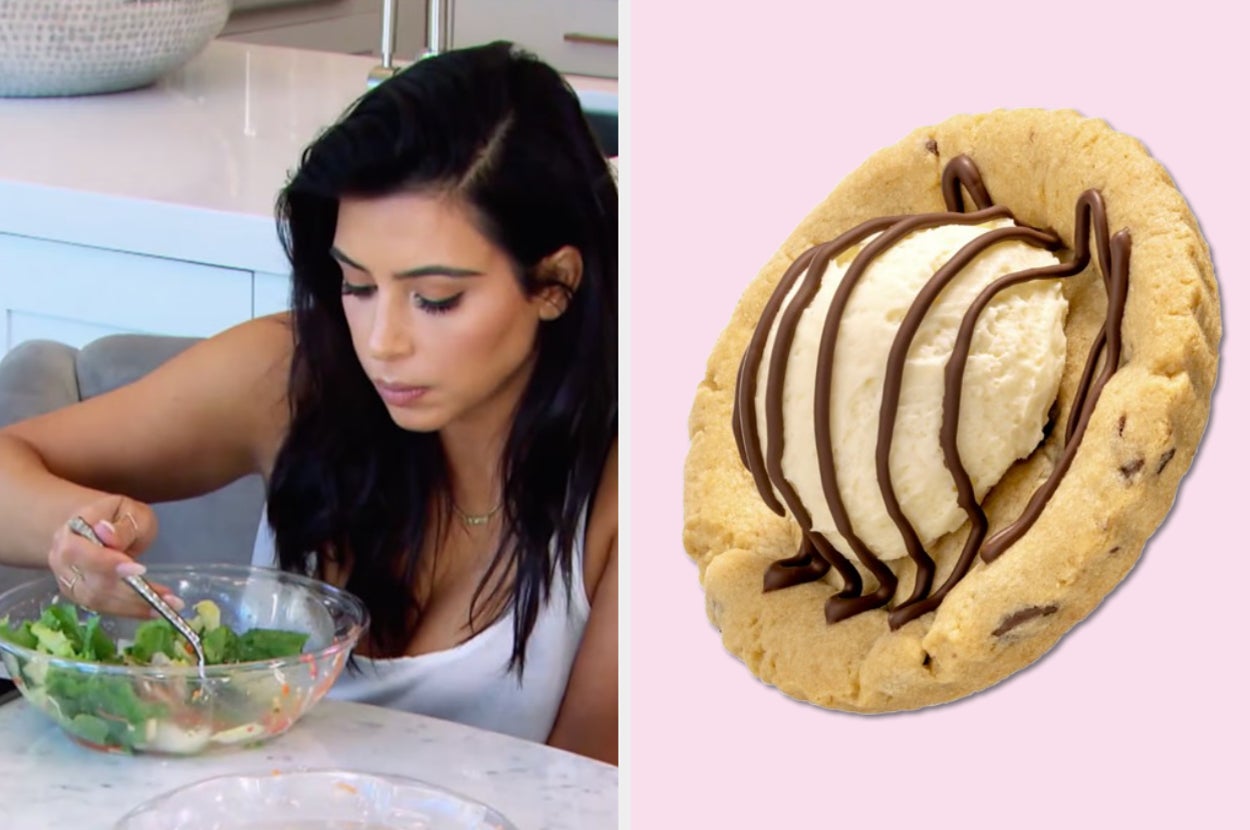 Person eating salad at a table beside an image of a cookie topped with ice cream and chocolate drizzle