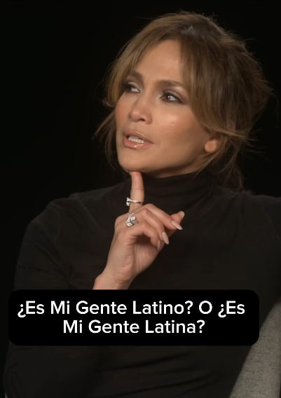 J.Lo thinking with hand on chin, text reads: &quot;¿Es Mi Gente Latino? O ¿Es Mi Gente Latina?&quot;