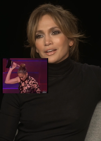 J.Lo in black turtleneck sitting posed, with inset of them in floral-patterned outfit celebrating on stage