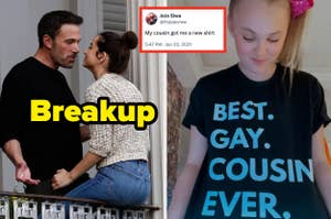 Two people in a close moment, with text "Breakup" next to them; adjacent image of person wearing a shirt saying "Best. Gay. Cousin. Ever."