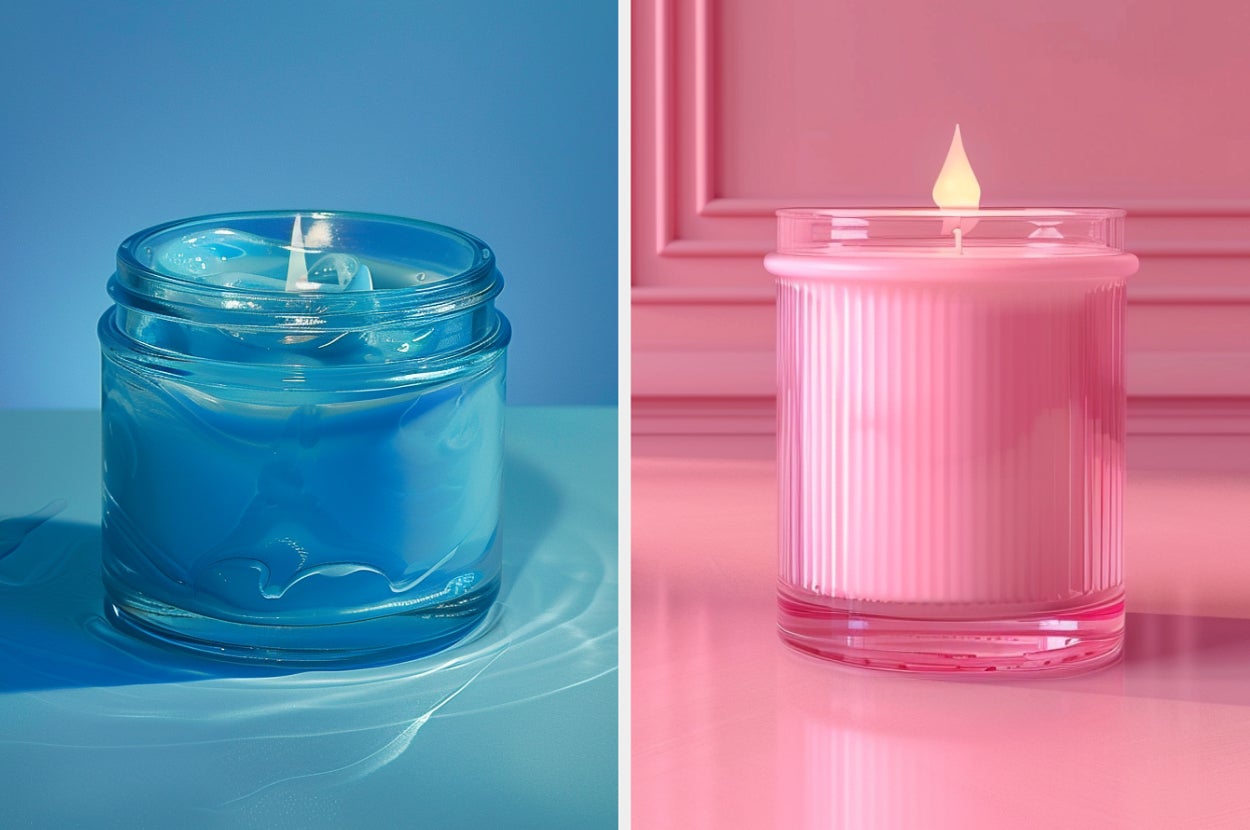 Two lit candles in glass jars: one with a smooth texture, another ribbed
