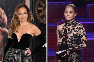 Two images of a woman on red carpets. Left: Wearing a velvet gown with gloves. Right: In a lace dress, holding an award