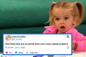 A meme shows a child with a surprised expression, captioned with a tweet joking about Gen Beta kids struggling to speak properly