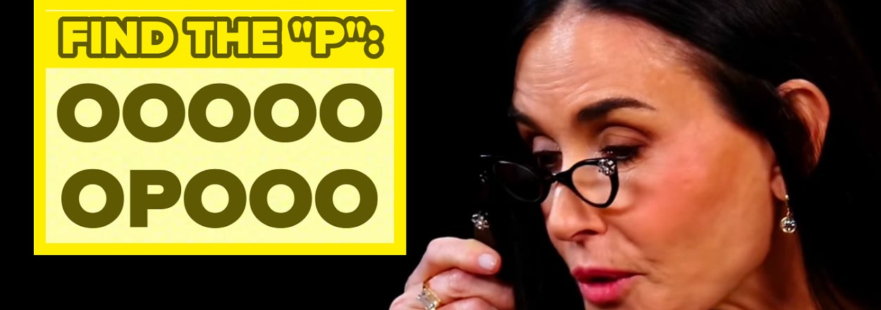 Person with glasses examines text. The text reads, "Find the 'P': OOOOO OPOOO."