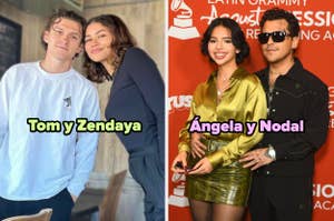 Dos fotos: Izquierda, una pareja posando casualmente. Derecha, otra pareja en un evento; ella lleva un vestido y él un traje oscuro