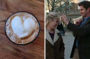 Left: A cup of coffee with a heart-shaped foam. Right: Two people happily interacting outdoors