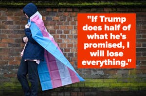 Person wrapped in a transgender pride flag leans against a brick wall