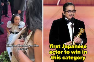 Child in polka dot dress interacts with people on red carpet; person holding a Golden Globe trophy, noted as first Japanese actor to win in category